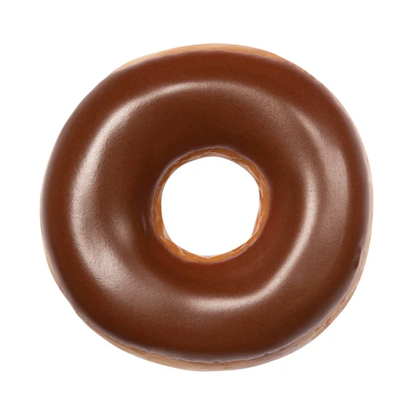 Pączek z czekoladą glazury na białym tle. Jeden okrągły amerykański pierścieniowy czekoladowy. Widok z przodu. Widok z góry — Zdjęcie stockowe