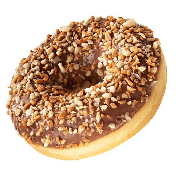 Donut met mat chocolade glazuur en noten strooit geïsoleerd op witte achtergrond. Een ronde chocolade en noten donut — Stockfoto