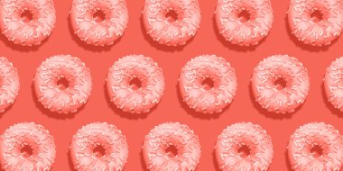 Yaratıcı desen Donuts düz pastel mercan arka planda yatıyordu. Minimal tatlı gıda kavramı. Ekmek için gerçeküstü donut kek üst görünümü. Soyut yaz donut tatlısı. Yaşam mercan trend renk 2019