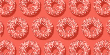 Yaratıcı desen Donuts düz pastel mercan arka planda yatıyordu. Minimal tatlı gıda kavramı. Ekmek için gerçeküstü donut kek üst görünümü. Soyut yaz donut tatlısı. Yaşam mercan trend renk 2019