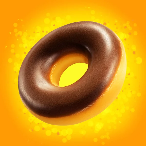 Projeto mockup donut closeup com esmalte de chocolate. Conceito de comida doce. Folheto promocional com rosquinhas no fundo laranja com salpico bokeh amarelo. Modelo de sobremesa de massa de rosca para padaria — Fotografia de Stock