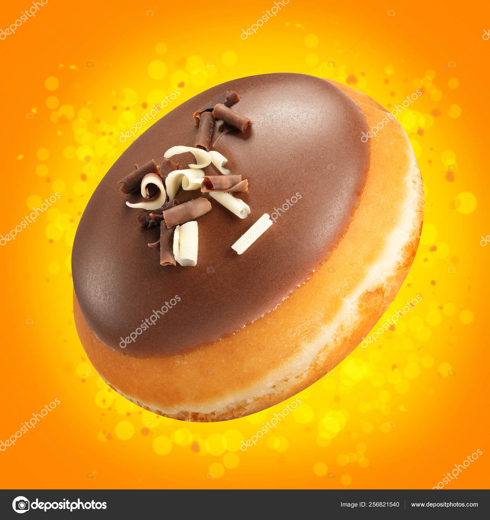 Download Berlin Donut Closeup Mockup With Chocolate Glaze Sweet Food Concept Amazing Ads Flyer With Donut On Orange Background With Splashes Yellow Bokeh Doughnut Dessert Template For Sale Or Discount Stock Photo
