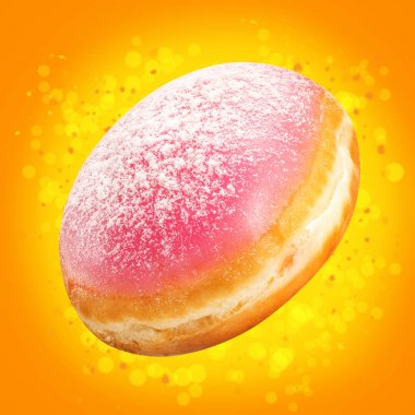 Buzlu pembe sır ile Berlin donut çekim, toz şeker. Tatlı yemek konsepti. Sarı bokeh sıçramaları ile turuncu arka planda donut ile inanılmaz reklamlar broşürü. Satılık veya indirimli donut tatlısı