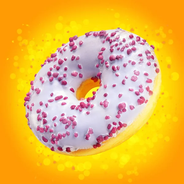 Design mockup donut closeup with frosted purple glaze. Sweet food concept. Amazing ads flyer with donuts on orange background with splash yellow bokeh. Doughnut dessert template for sale or discount