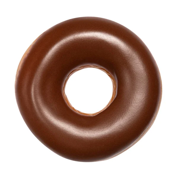 Donut com esmalte de chocolate isolado no fundo branco. Um donut de chocolate americano redondo. Vista frontal. Vista superior — Fotografia de Stock