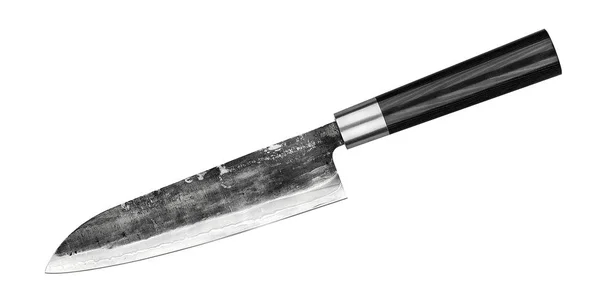 Cuchillo de acero japonés gyuto sobre fondo blanco. Cuchillo jefe aislado con camino de recorte. Vista superior — Foto de Stock