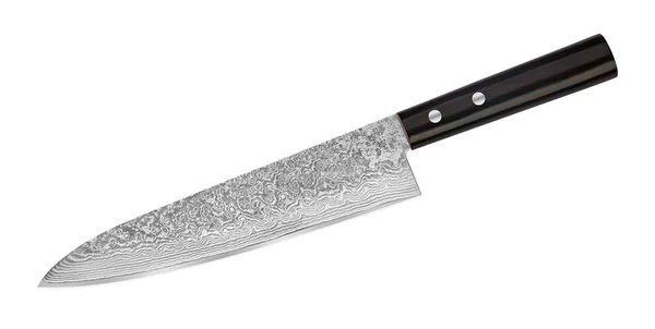 Japanese Damascus steel knife on white background. Chief knife isolated with clipping path. Top view — Stock Photo, Image