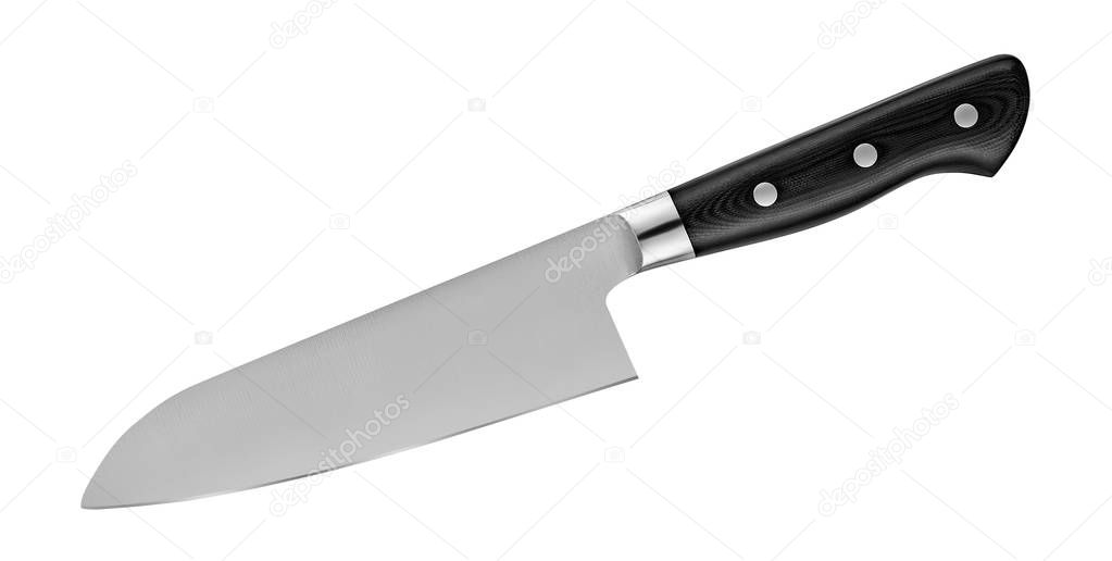Japanese steel knife on white background. Chief knife isolated with clipping path. Top view