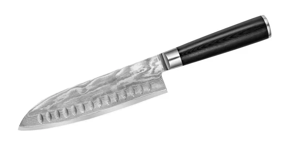 Cuchillo japonés de acero Damasco sobre fondo blanco. Cuchillo jefe aislado con camino de recorte. Vista superior —  Fotos de Stock