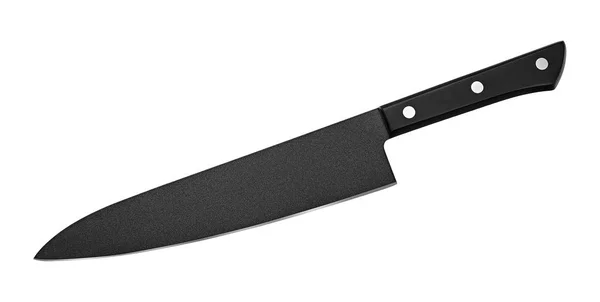Couteau japonais en acier noir sur fond blanc. Couteau de chef isolé avec chemin de coupe. Vue du dessus — Photo