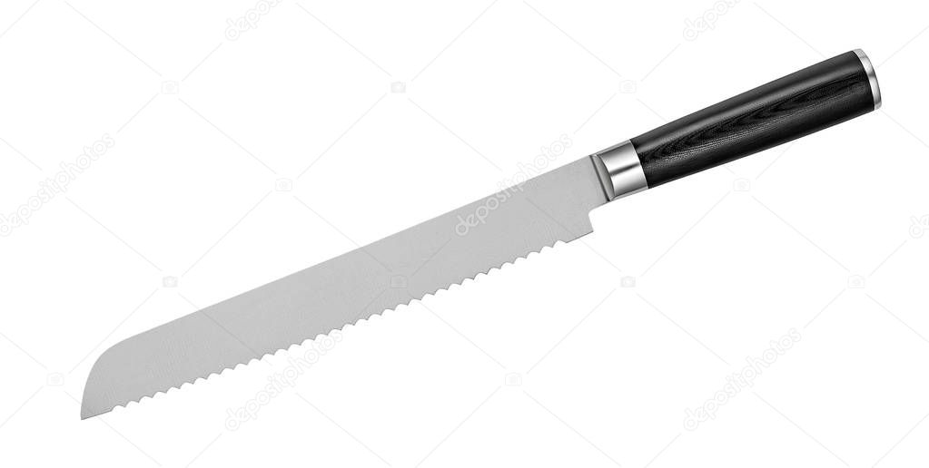 Japanese steel bread knife with serrated blade on white background. Kitchen knife isolated with clipping path. Top view