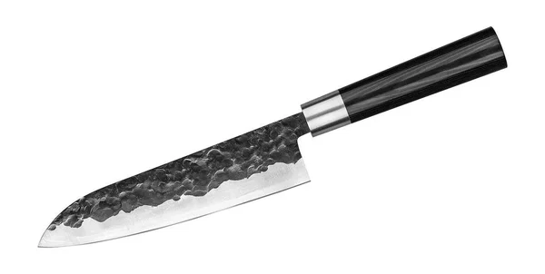 Cuchillo de acero japonés gyuto sobre fondo blanco. Cuchillo jefe aislado con camino de recorte. Vista superior —  Fotos de Stock