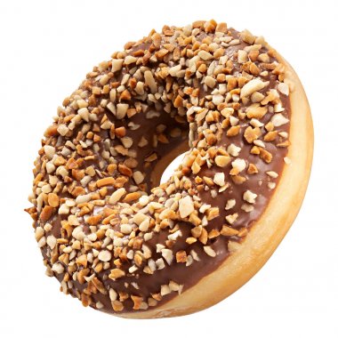 Buzlu çikolata sır ve fındık ile Lezzetli Donut tatlı beyaz arka plan üzerinde izole serpilir. Tasarım ve baskı için bir yuvarlak çikolatalı çörek kek ile Tatlı gıda kavramı