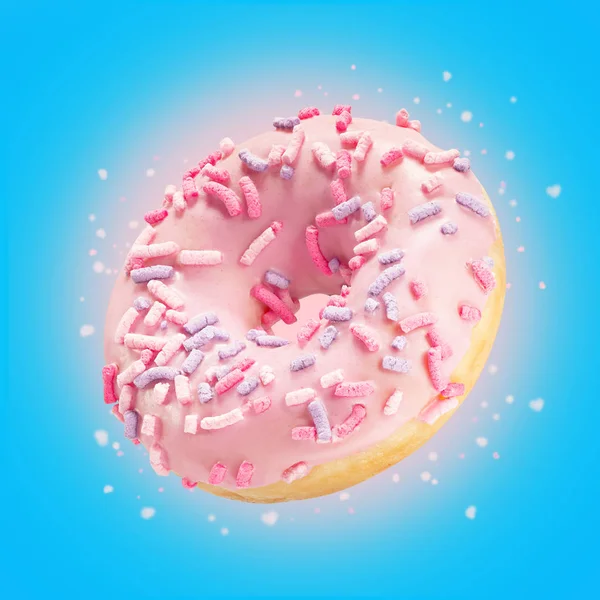 Creative layout donut closeup with frosted pink glaze. Sweet food concept. Amazing ads flyer with donuts on blue background. Design template doughnut dessert for sale or discount