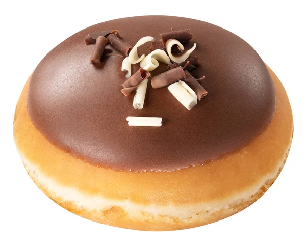 Saborosa sobremesa Donut Berlim com esmalte de chocolate, isolado sobre fundo branco. Conceito de comida doce com um bolo de donut de chocolate para o seu design e impressão. Vista frontal — Fotografia de Stock