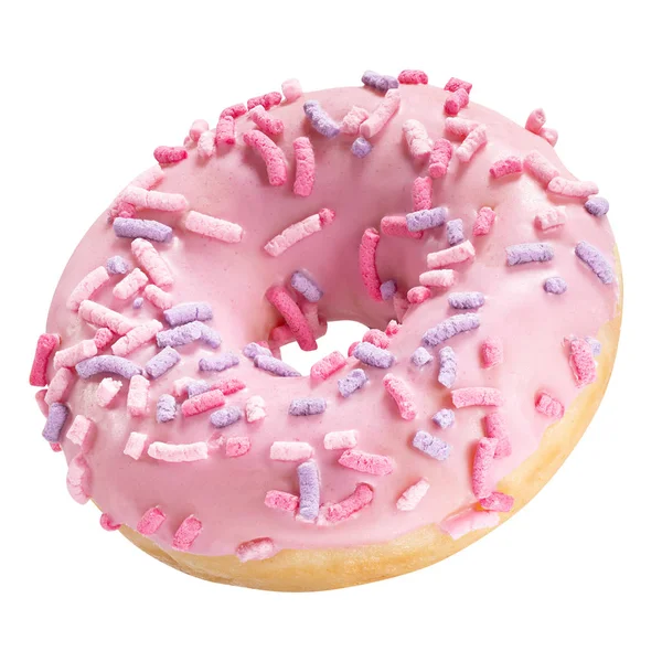 Buzlu pembe sır ve beyaz arka plan üzerinde izole renkli sprinkles ile Lezzetli Donut tatlı. Tasarım ve baskı için bir yuvarlak mercan çörek kek ile Tatlı gıda kavramı — Stok fotoğraf