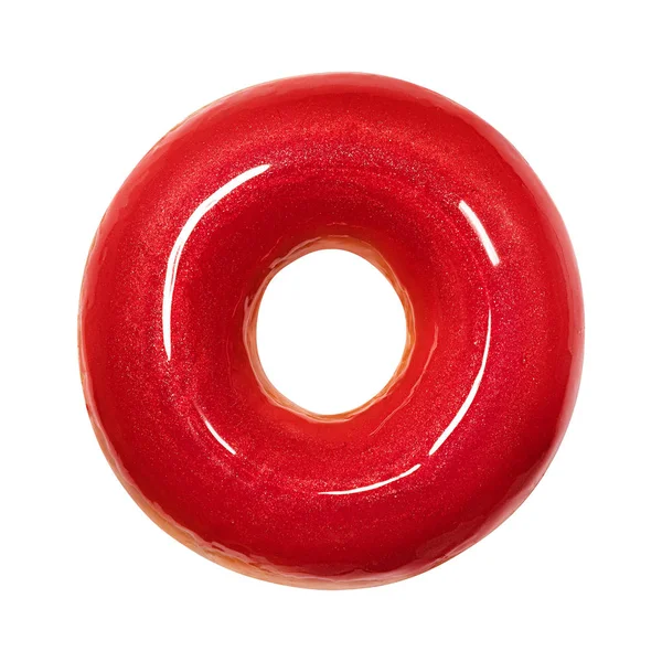 광택 빨간 유약, 흰색 배경에 고립 된 상단보기와 맛있는 도넛 디저트. 디자인과 인쇄를위한 하나의 둥근 빨간 광택 도넛 케이크와 달콤한 음식 개념. 정면 보기 — 스톡 사진