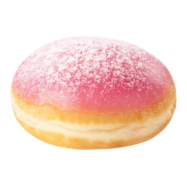 Beyaz arka plan üzerinde izole buzlu pembe sır ve pudra şekeri ile Taze Berlin Donut tatlı. Tasarım ve baskı için bir pembe çörek kek ile Tatlı gıda kavramı
