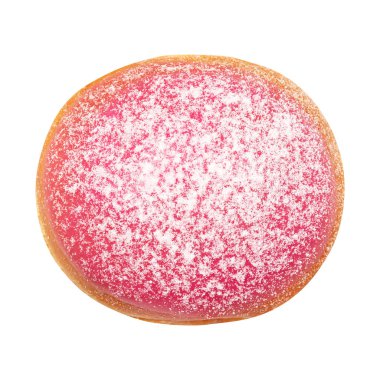 Buzlu pembe sır ve pudra şekeri ile Lezzetli Berlin Donut tatlı, beyaz arka plan izole üst görünümü. Tasarım ve baskı için bir pembe çörek kek ile Tatlı gıda kavramı