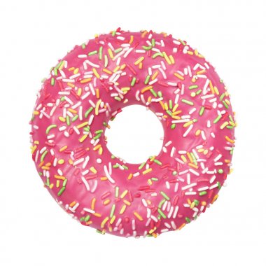 Buzlu mercan rengi sırlı ve renkli sprinkles üst görünümü beyaz arka plan üzerinde izole ile Lezzetli Donut tatlı. Tasarım ve baskı için bir yuvarlak pembe çörek kek ile Tatlı gıda kavramı