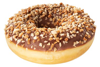Buzlu çikolata sır ve fındık ile Lezzetli Donut tatlı beyaz arka plan üzerinde izole serpilir. Tasarım ve baskı için bir yuvarlak çikolatalı çörek kek ile Tatlı gıda kavramı