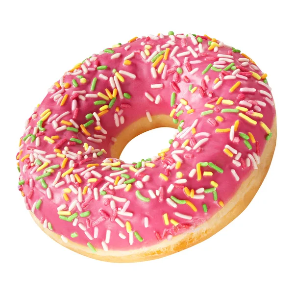 Buzlu mercan renk sır ve beyaz arka planda izole renkli Sprinkles ile lezzetli donut tatlı. Tasarım ve baskı için bir yuvarlak pembe donut kek ile tatlı gıda kavramı — Stok fotoğraf