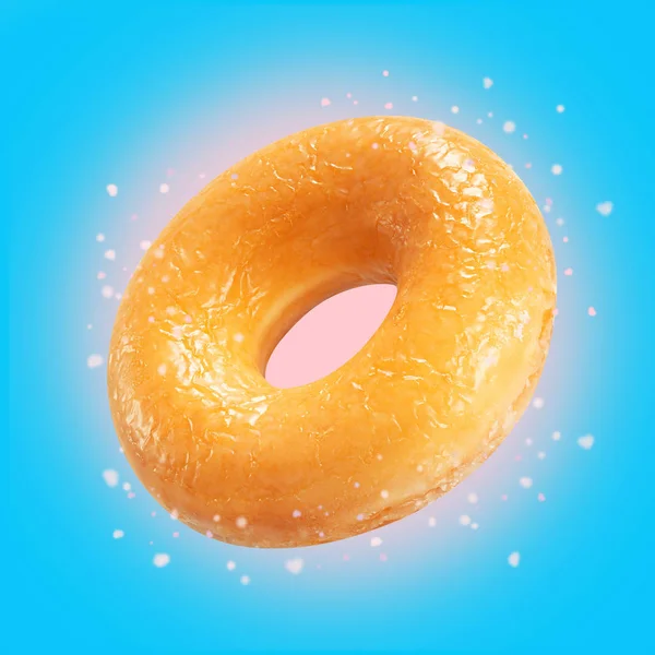 Layout criativo donut original closeup com esmalte. Conceito de comida doce. Folheto promocional com donuts em fundo azul. Modelo de design sobremesa de massa de rosca para padaria — Fotografia de Stock