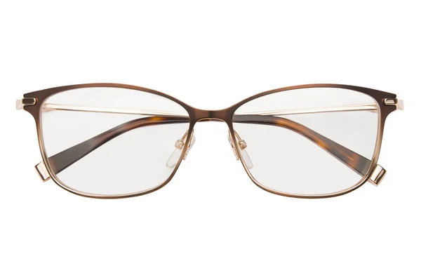 Gafas aisladas sobre fondo blanco. Vista superior de las gafas de color leopardo de lectura transparente en marco rectangular, de negocios o estilo de oficina —  Fotos de Stock