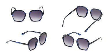 Beyaz arka plan üzerinde izole kare çerçeve içinde kadın siyah polarize güneş gözlüğü ayarlayın. Vintage moda güneş gözlüğü. Gözlük yaz koleksiyonu