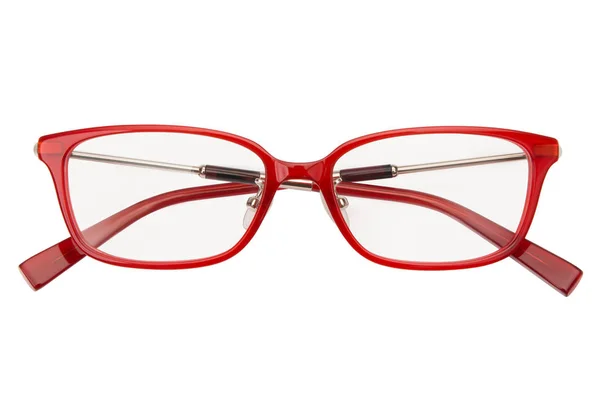 Bril geïsoleerd op witte achtergrond. Vooraanzicht rode bril lezen transparant in rechthoekige frame, zakelijke of kantoor stijl — Stockfoto