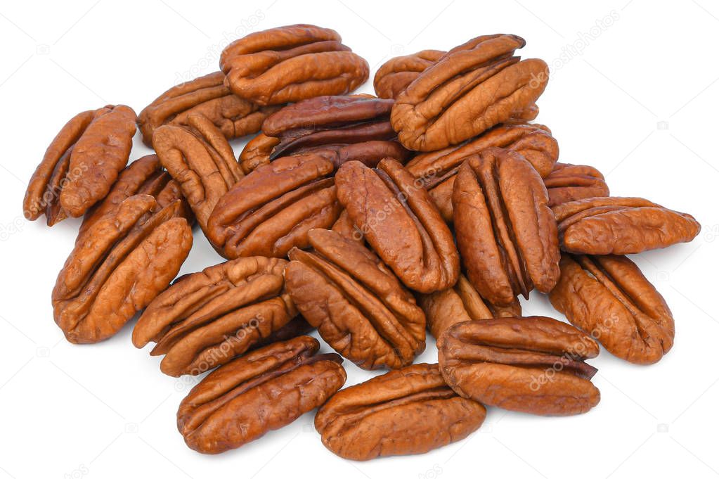 Pile Pecan nuts isolated on white background. Heap shelled Pecans nut closeup. Tasty raw organic food and healthy snack