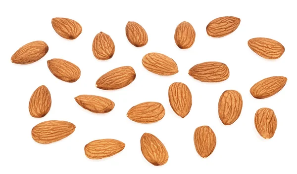 Collection seeds nut Almonds isolated on white background. Group Almond nuts closeup. Organic food — Stock Photo, Image