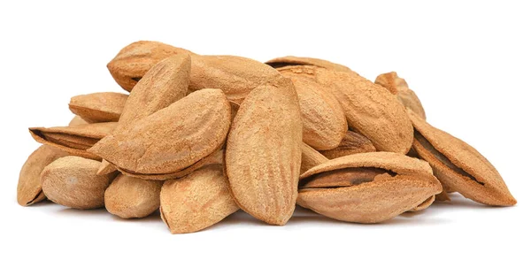Almonds pile isolated on white background. Heap of almonds unpeeled closeup. Nuts collection — Stock Photo, Image
