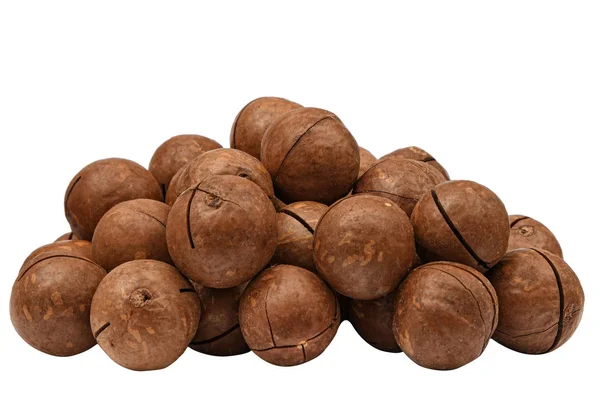Macadamia izolované na bílém pozadí. Hromada makadamových oříšků v detailu. Organické ořechy — Stock fotografie