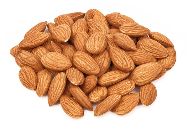 Almonds isolated on white background. Heap of almond nuts closeup — Stock Photo, Image