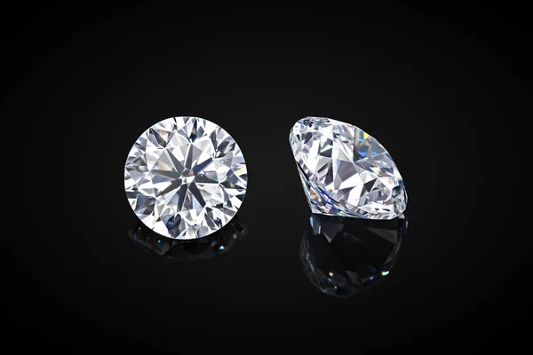 Diamante aislado sobre fondo negro. Lujo incoloro transparente brillante gema diamante forma redonda corte — Foto de Stock
