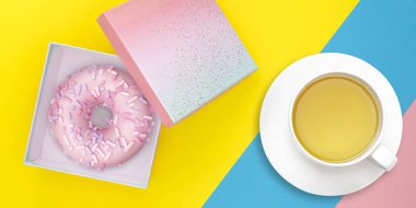 Pastel renkli arka plan üzerinde çörek ve çay bardağı ile hediye kutusu. Tatlı gıda dağıtım konsepti. Üst te. Düz yatıyordu
