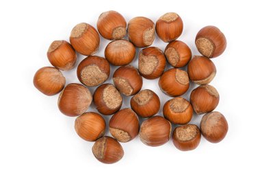 Fındık yığını üst görünümü beyaz arka plan üzerinde izole. Kabuk yakın çekimfındık yığını. Organik gıda. Fındık koleksiyonu