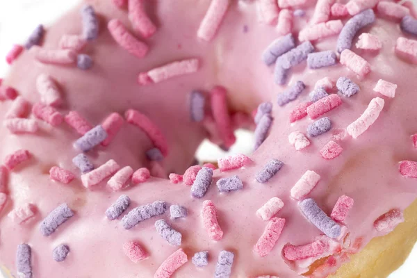 Pembe çörek Makro tatlı fotoğraf. Doku donut closeup — Stok fotoğraf