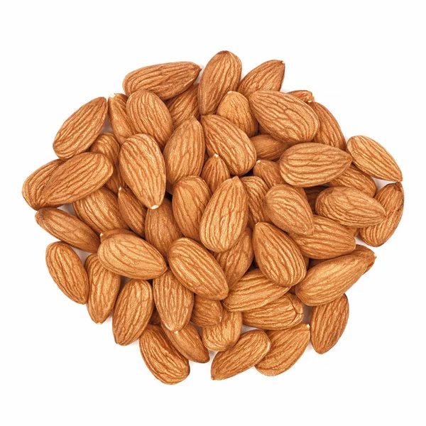 Heap of Almond nuts isolated on white background. Top view. Organic food — Stock Photo, Image
