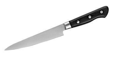 Beyaz arka planda Japon çelik mutfak bıçağı. Baş bıçak kırpma yolu ile izole edilmiş. Üstte görüntü