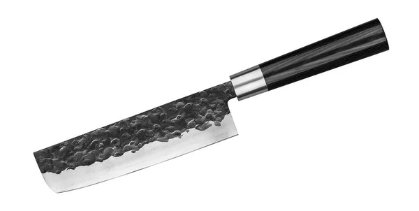 Japonês faca de aço machado gyuto para legumes. Faca de cozinha isolada no fundo branco com caminho de recorte. Vista superior — Fotografia de Stock