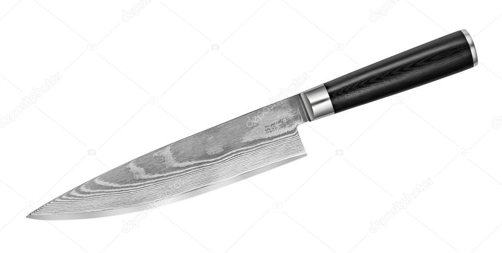 Japanese Damascus steel knife on white background. Chief knife isolated with clipping path. Top view