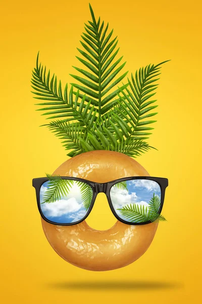 선글라스와 도넛으로 만든 행복 한 재미 얼굴, 밝은 파스텔 노란색과 오렌지 배경에 녹색 열대 잎 손바닥. 여행 및 휴가 최소한의 개념. 플랫 레이. 여름 미술 — 스톡 사진
