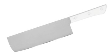 Sebzeler için Japon çelik bıçak baltası. Mutfak bıçağı kırpma yolu ile beyaz arka plan üzerinde izole. Üstte görüntü