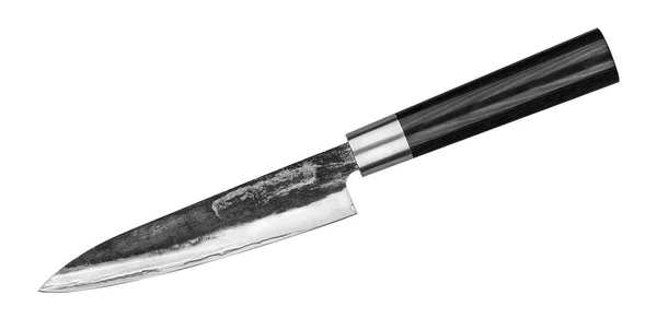 Cuchillo de cocina universal de acero japonés gyuto sobre fondo blanco. Cuchillo jefe aislado con camino de recorte. Vista superior —  Fotos de Stock
