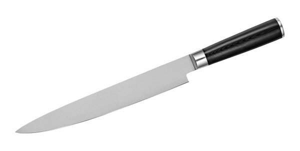 Japanese steel knife for thin slicing fish seafood and sushi. Kitchen knife isolated on white background with clipping path. Top view