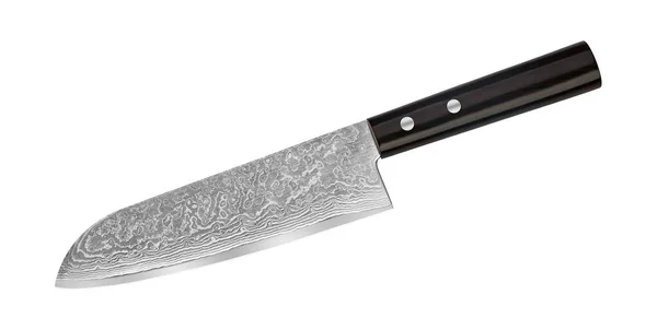 Cuchillo japonés de acero Damasco sobre fondo blanco. Cuchillo jefe aislado con camino de recorte. Vista superior —  Fotos de Stock