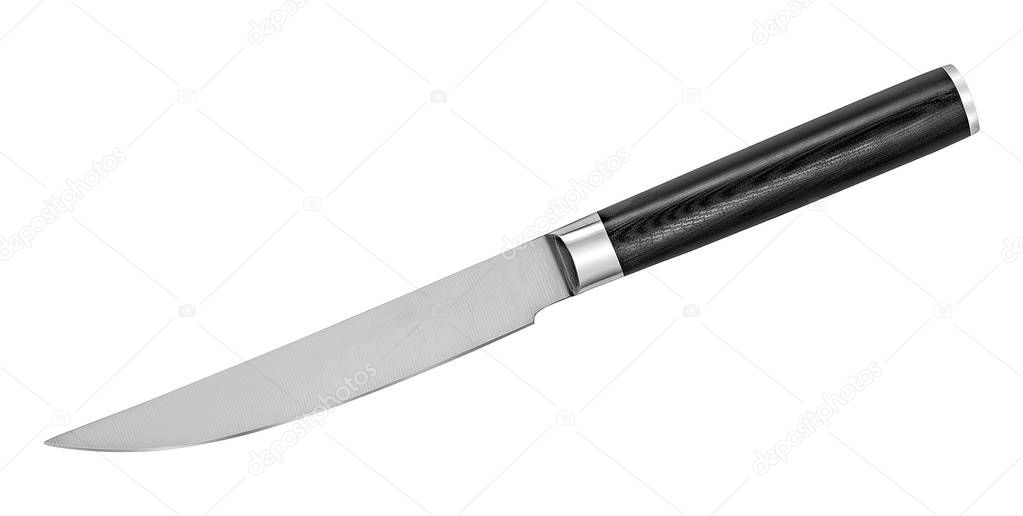 Japanese steel steak knife on white background. Kitchen knife isolated with clipping path. Top view