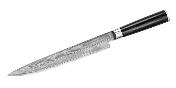 Cuchillo japonés de acero Damasco para cortar pescado, mariscos y sushi. Cuchillo de cocina aislado sobre fondo blanco con camino de recorte. Vista superior —  Fotos de Stock